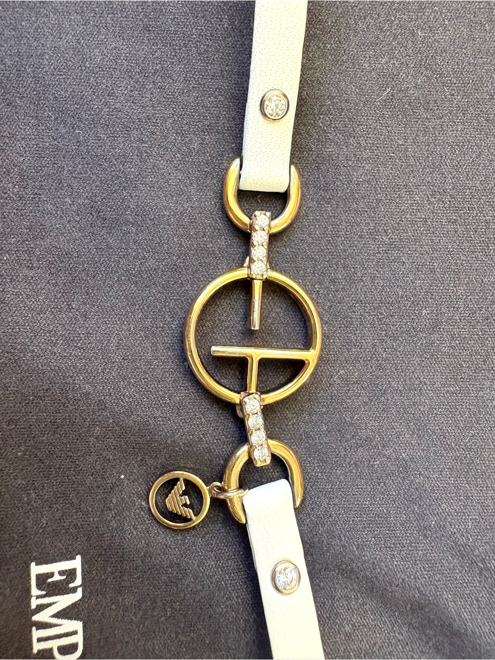 Emporio Armani White Leather Bracelet with Gold Crystal-Embellished Hardware